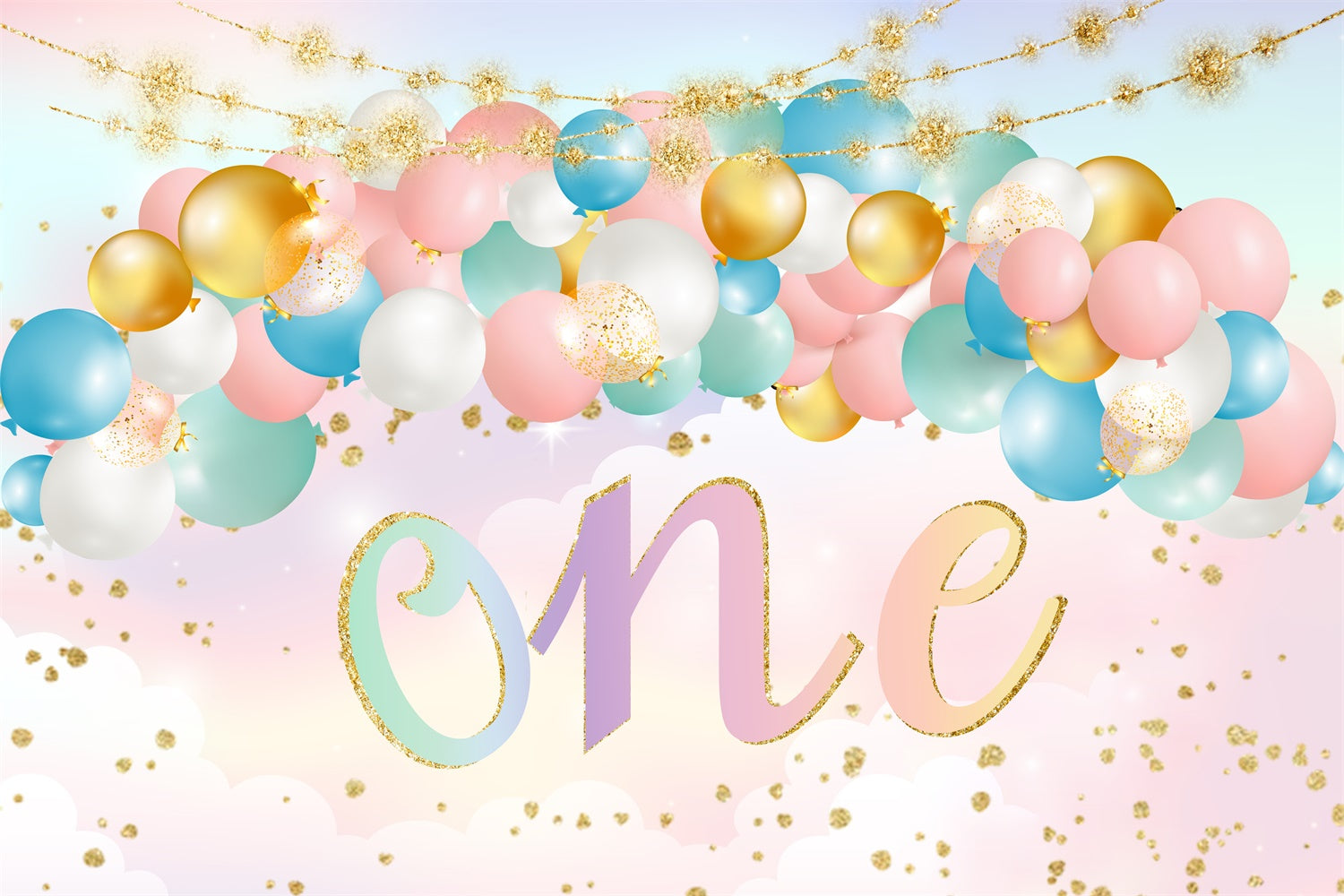 Custom 1st Birthday Backdrop Golden Confetti Pastel Balloon Backdrop RR1-70