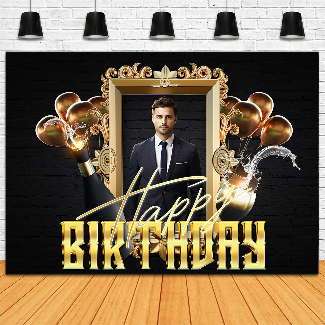 Personalized Birthday Photo Backdrop Golden Frame Champagne Backdrop RR1-71