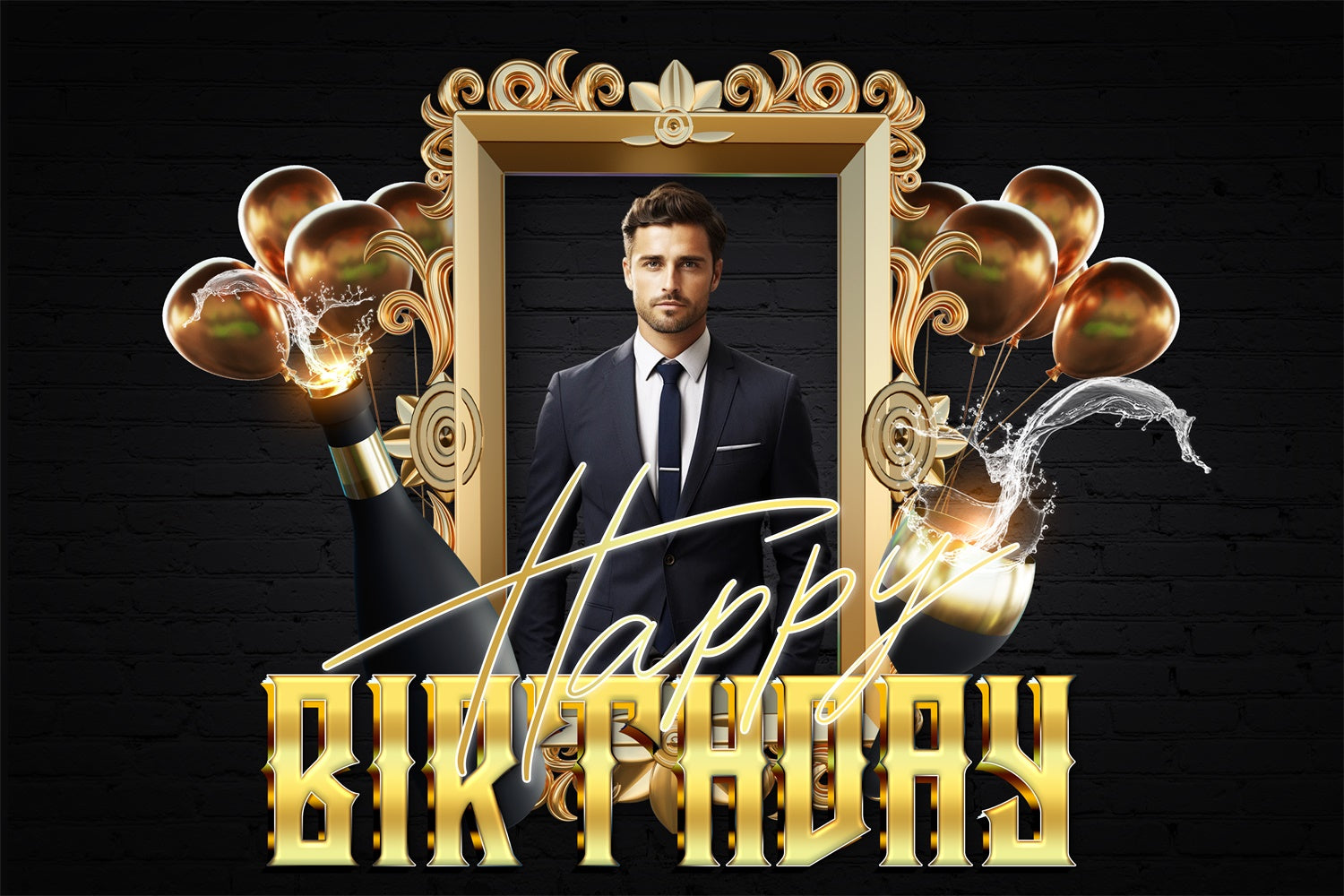 Personalized Birthday Photo Backdrop Golden Frame Champagne Backdrop RR1-71