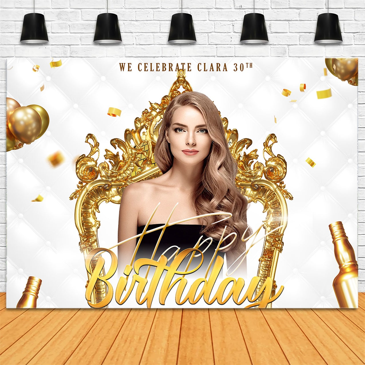 Personalized Birthday Backdrop Golden Chair Champagne 30th Backdrop RR1-78