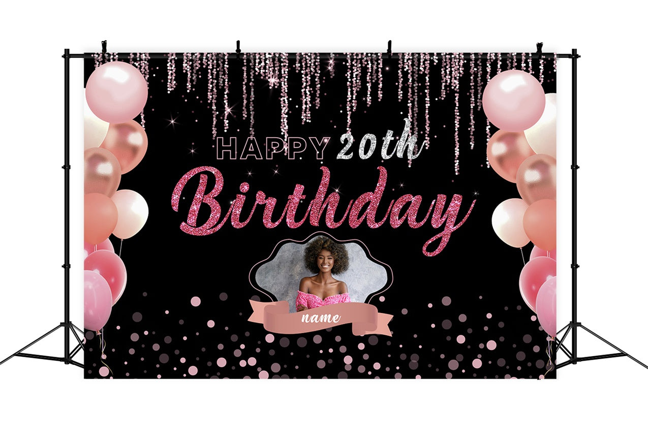 Custom Birthday Backdrops Black Pink Sparkle Balloons 20th Backdrop RR12-17