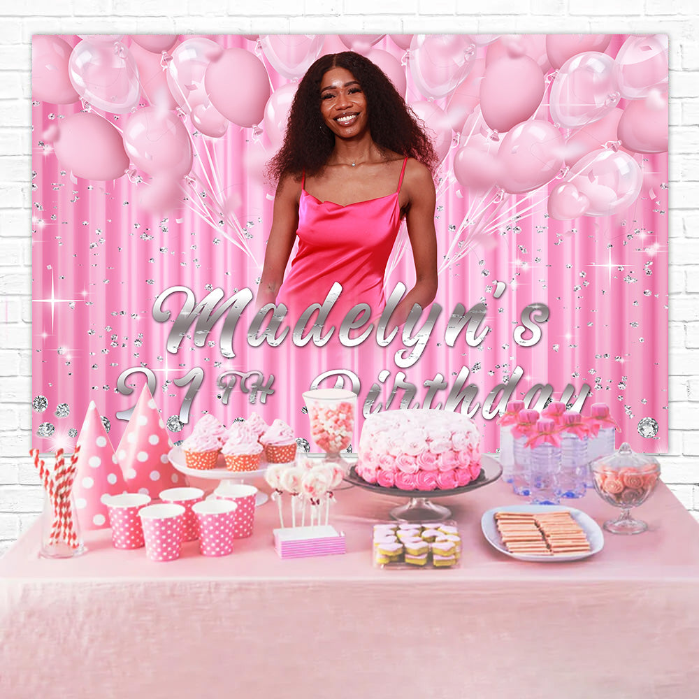 Custom Happy Birthday Backdrop Pink Balloons Sparkle 21st Backdrop RR12-26