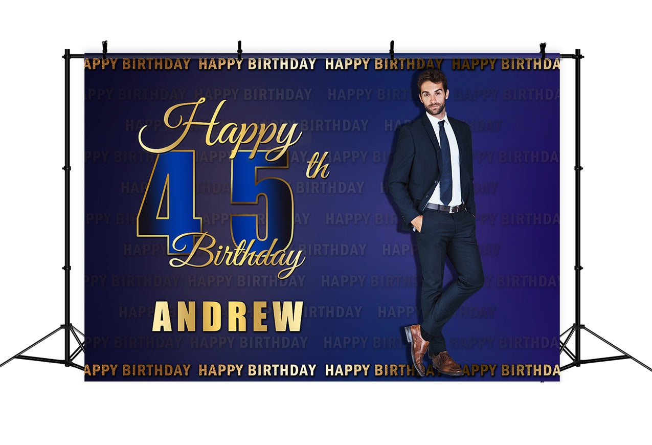 Custom Birthday Party Backdrop Blue Gold Happy 45th Backdrop RR12-28