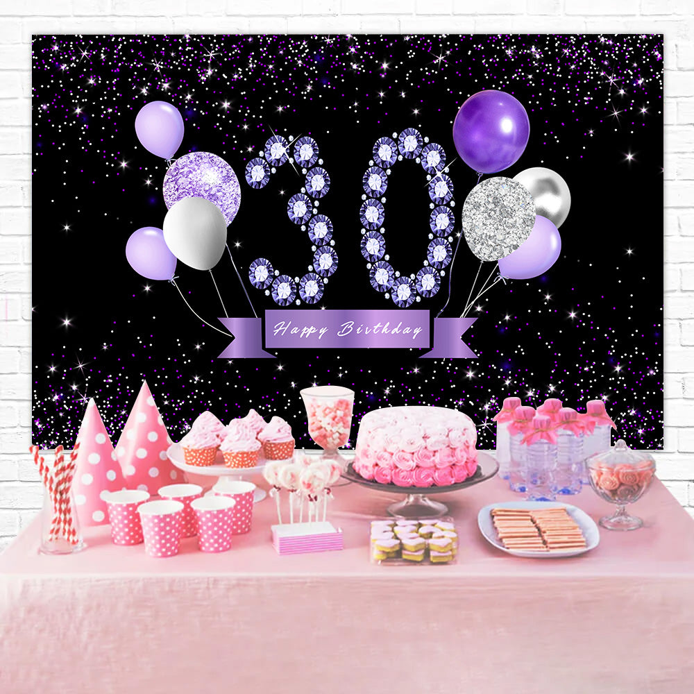 30th Birthday Backdrop Crystal Balloon Purple Custom Backdrop RR12-32