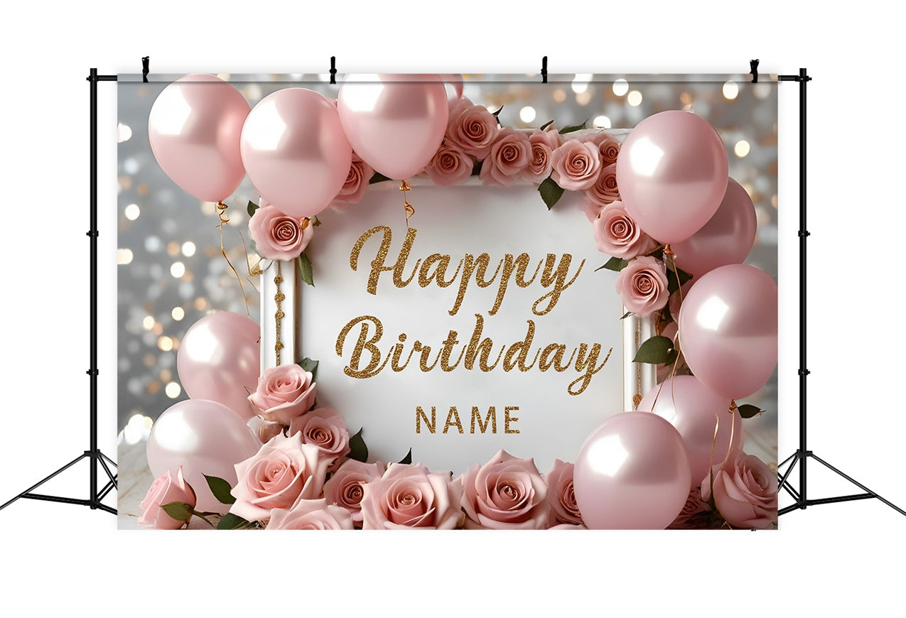 Personalized Birthday Backdrop Elegant Pink Roses Balloon Backdrop RR12-49