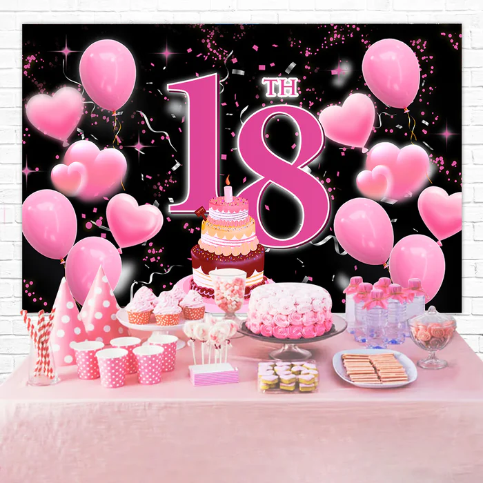 Personalized Birthday Backdrops 18th Pink Balloons Cake Backdrop RR12-51