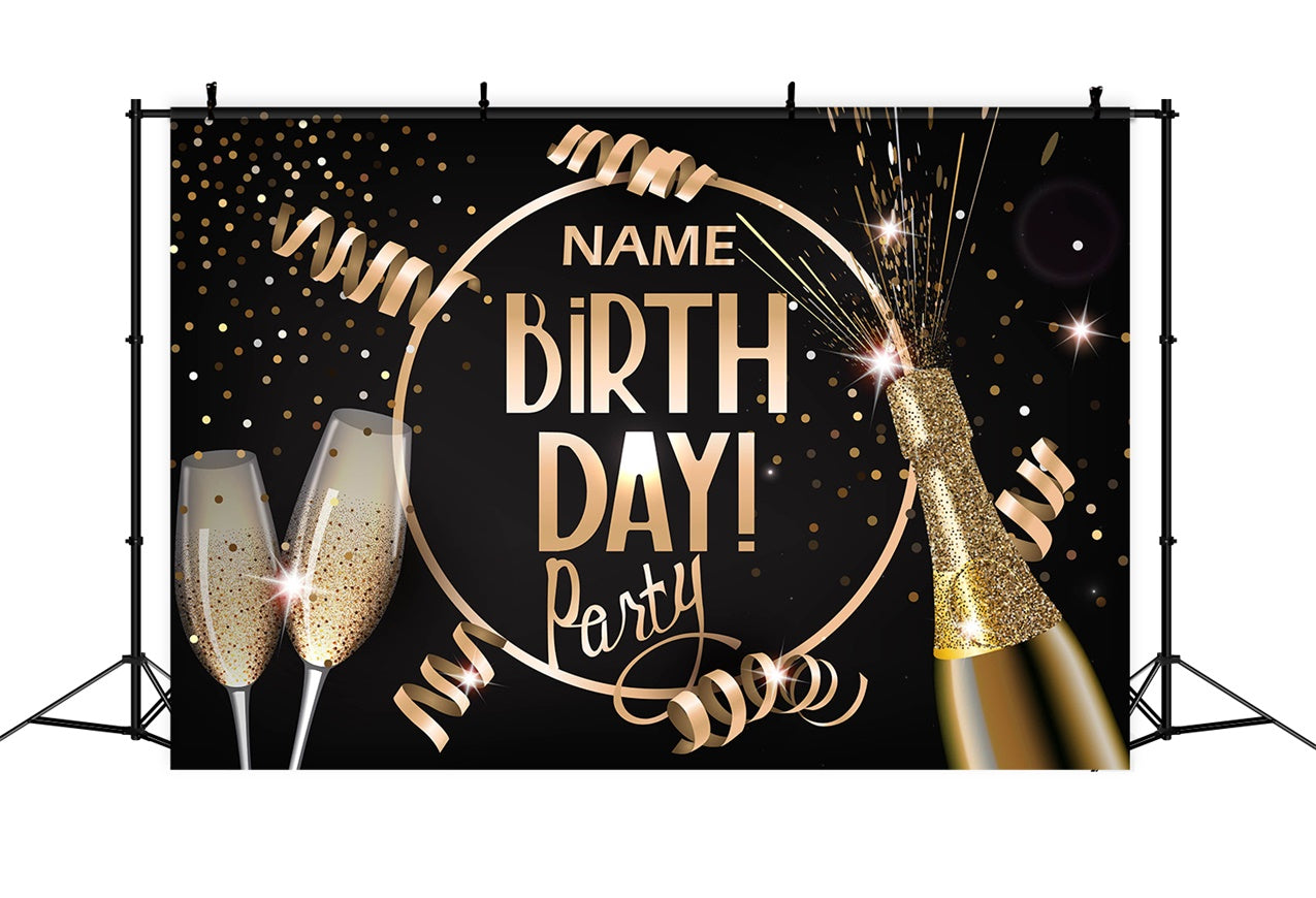 Personalized Birthday Backdrop Champagne Sparkles Gold Ribbon Backdrop RR12-53