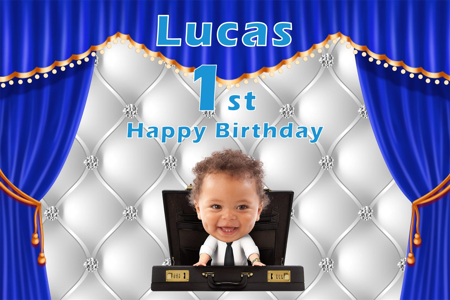 birthday tarp Personalized Birthday Backdrop Baby Boss Blue Curtain Backdrop RR12-93, 7'W*5'H(2.2*1.5m)