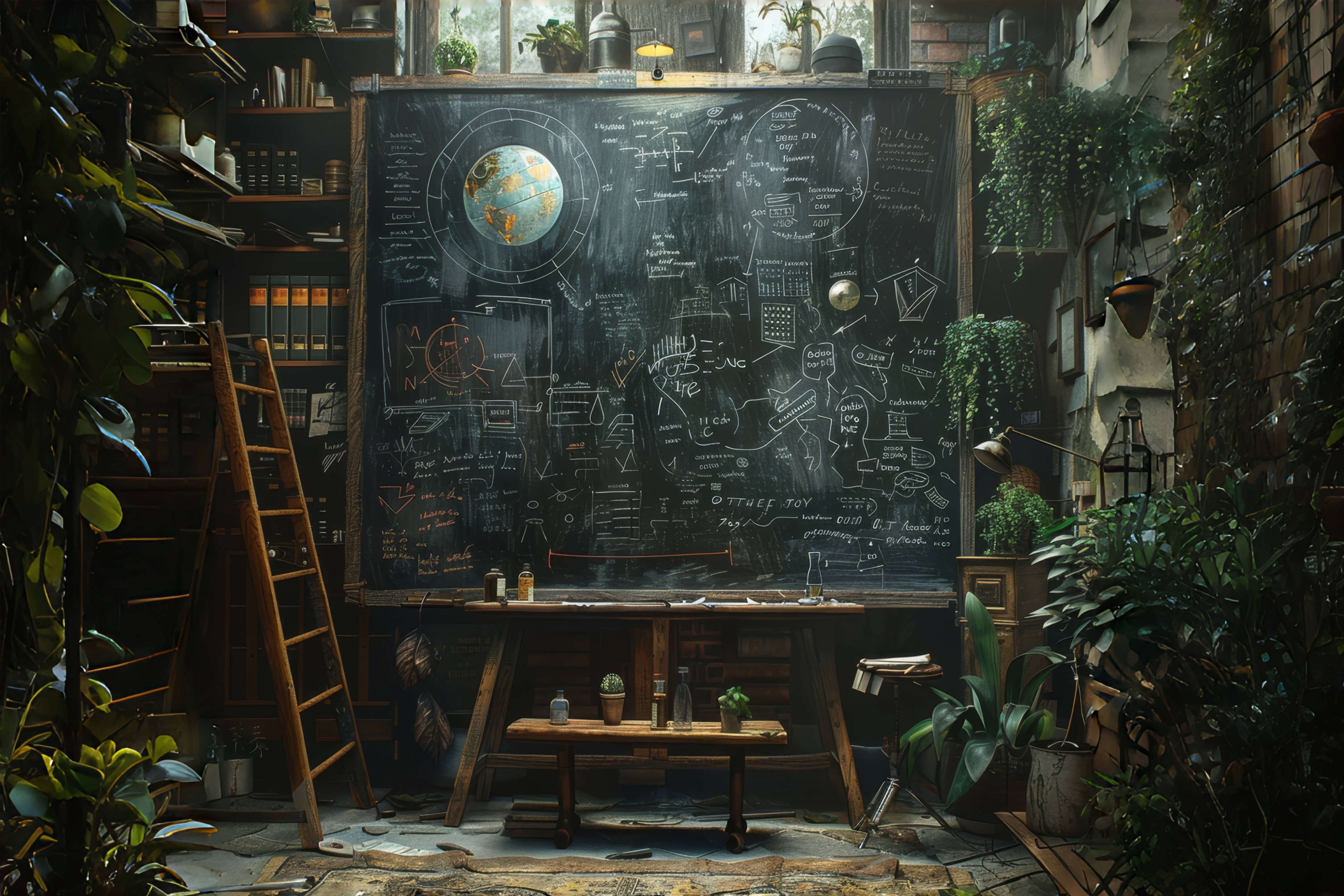 Vintage Bookshelf Blackboard Study Room Backdrop RR6-43