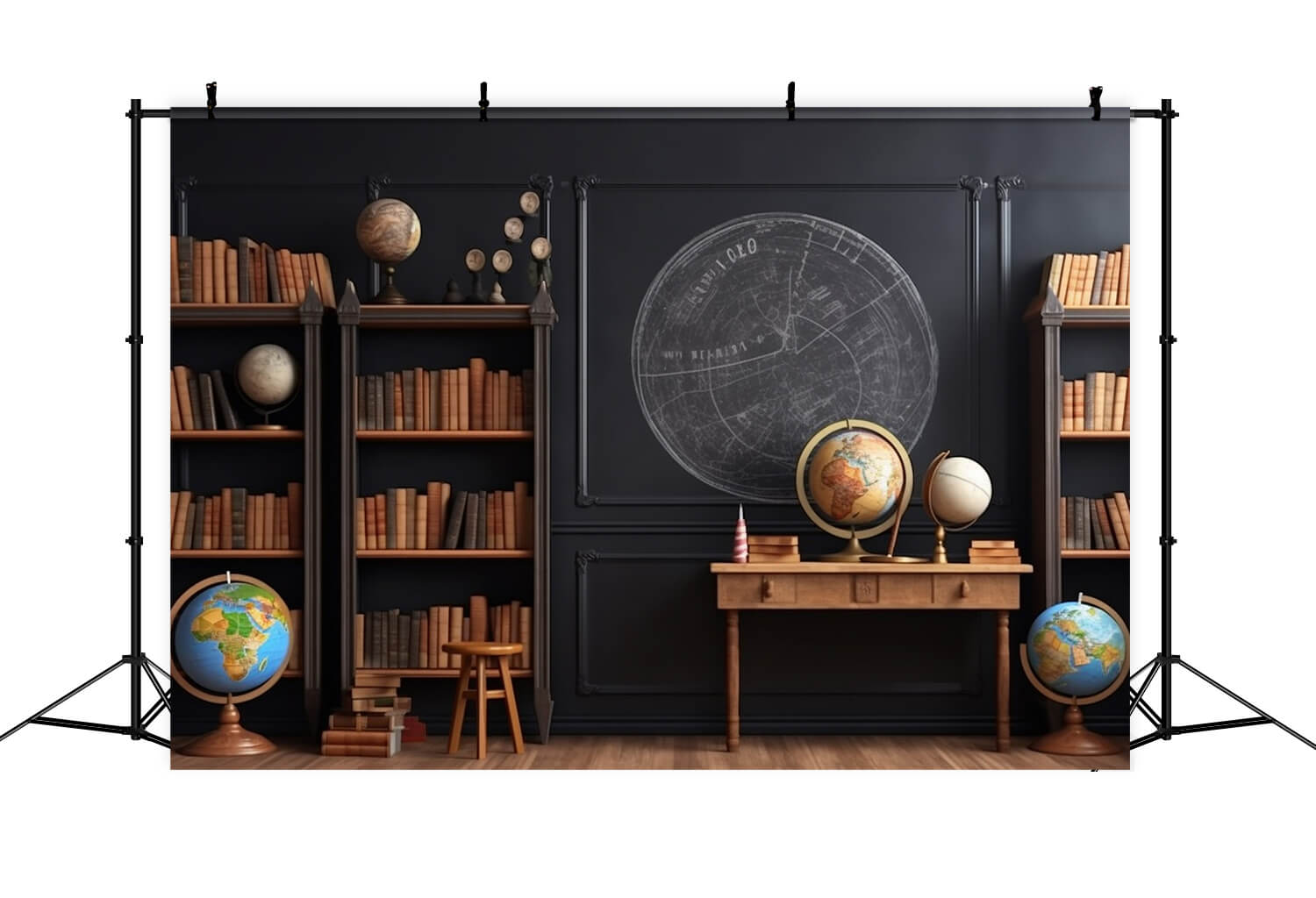 Back to School Bookshelf Globes Classroom Backdrop RR6-44