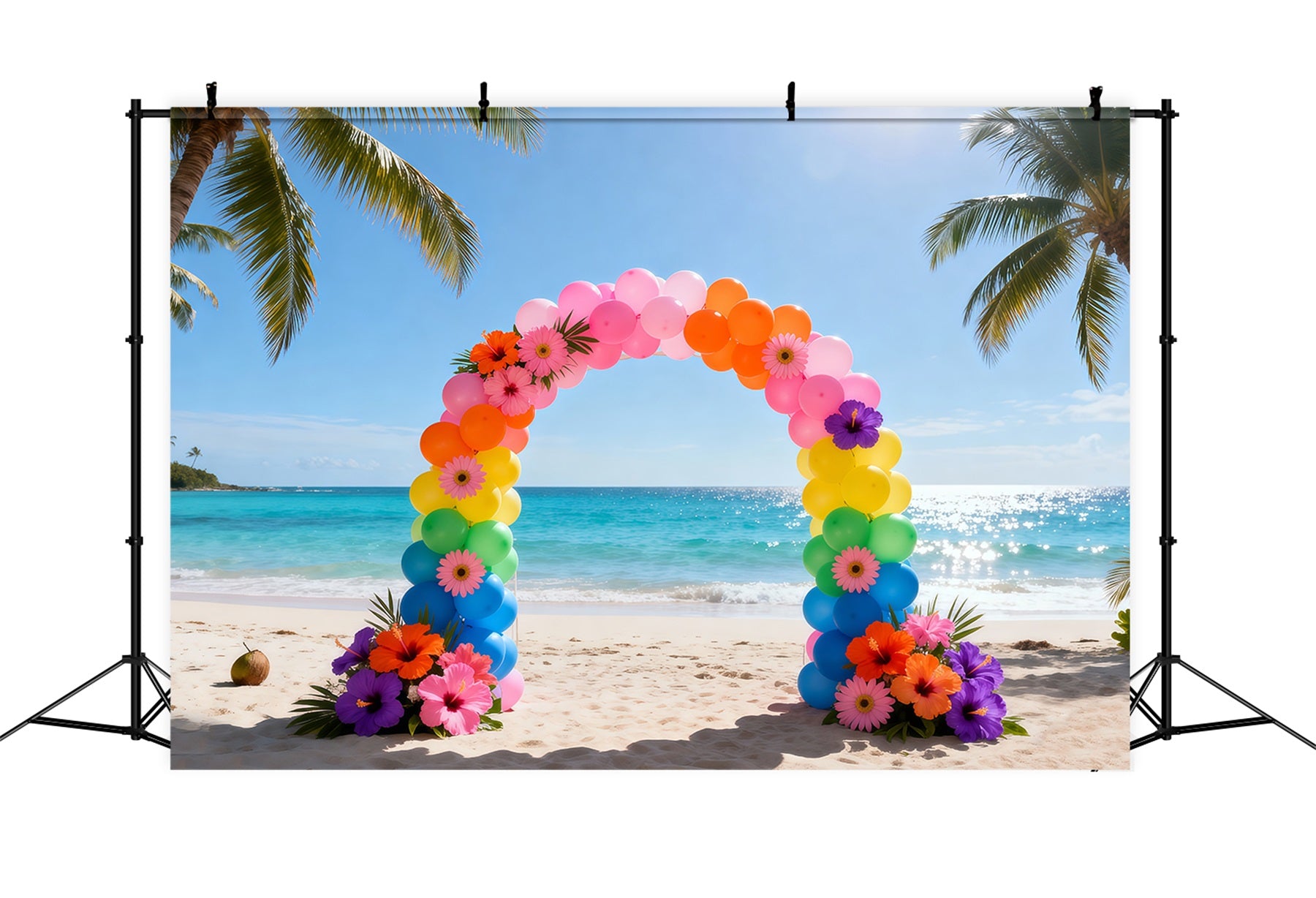 Beach Backdrop Rainbow Balloon Flower Arch Summer Photo Booth Backdrop Ideas RR61-1