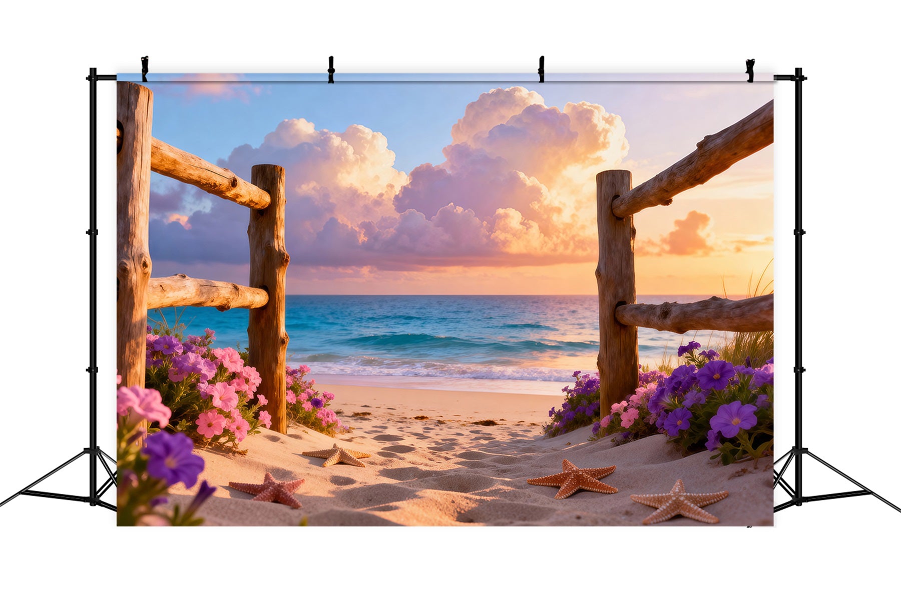 Beach Photography Backdrop Wooden Fence Starfish Path Summer Themed Backdrop RR61-10