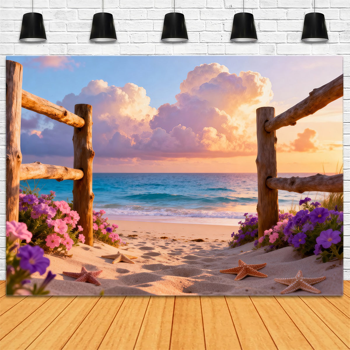 Beach Photography Backdrop Wooden Fence Starfish Path Summer Themed Backdrop RR61-10