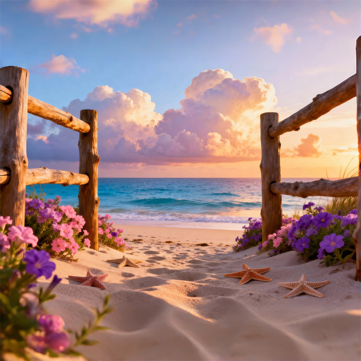 Beach Photography Backdrop Wooden Fence Starfish Path Summer Themed Backdrop RR61-10