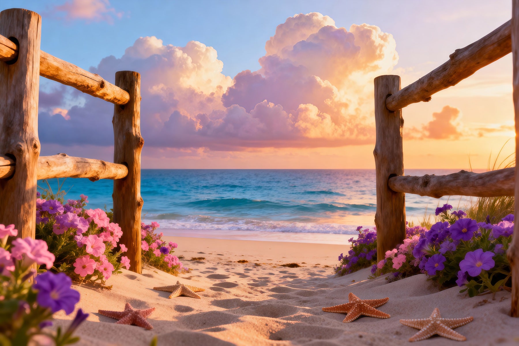 Beach Photography Backdrop Wooden Fence Starfish Path Summer Themed Backdrop RR61-10