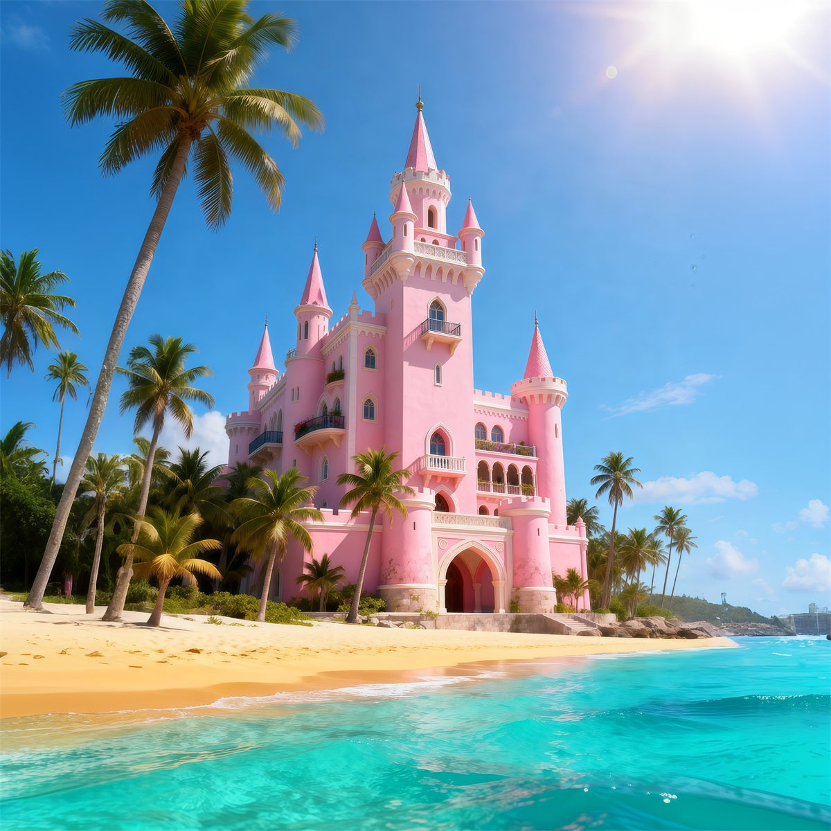 Beach Scene Backdrops Pink Castle Palm Trees Summer Photography Backdrop RR61-11