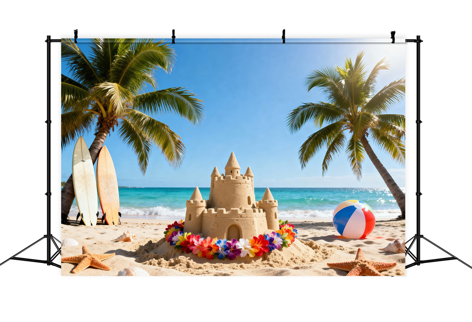 Beach Themed Backdrop Colorful Sandcastle Flowers Summer Vibes Backdrop RR61-12