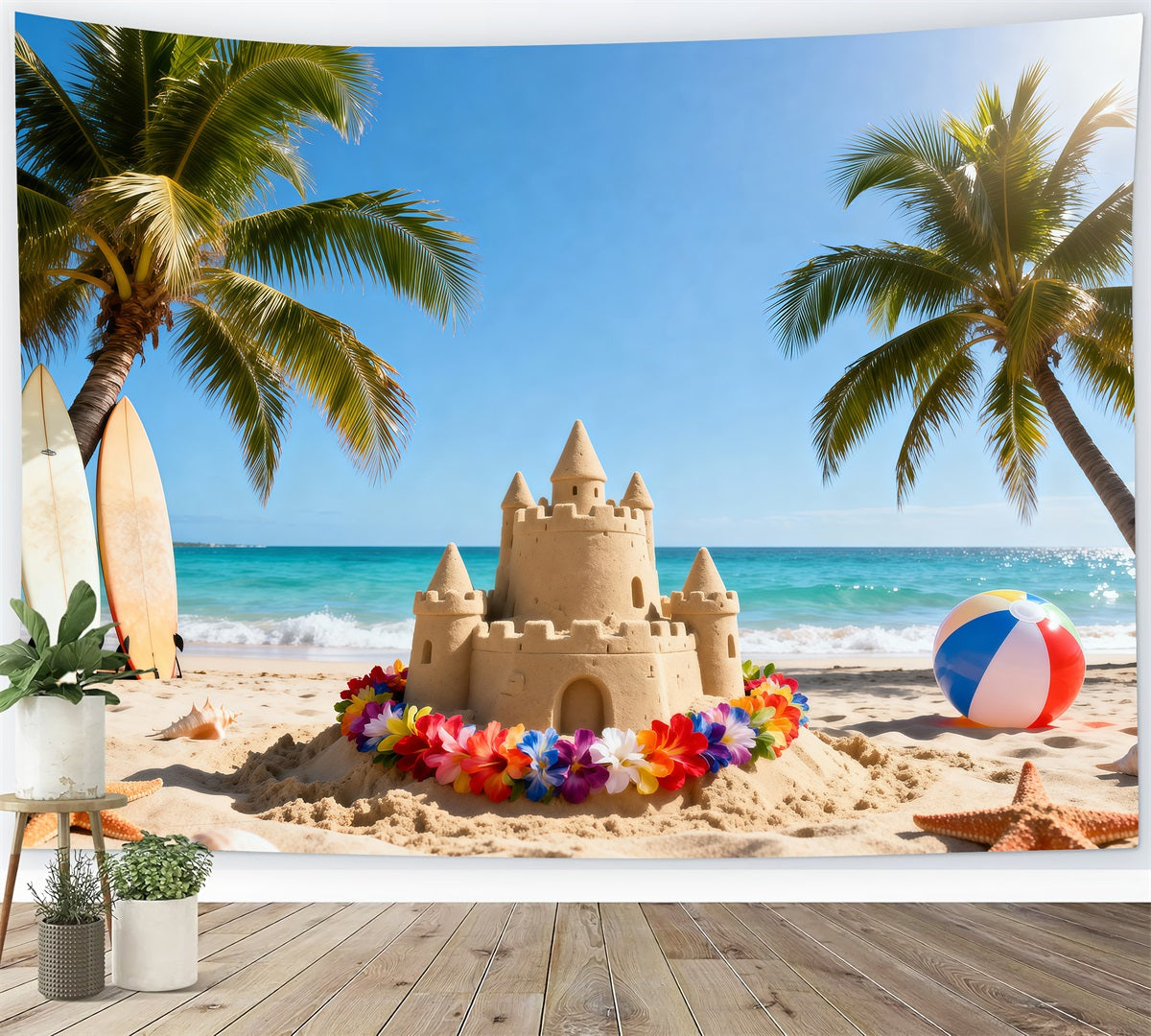 Beach Themed Backdrop Colorful Sandcastle Flowers Summer Vibes Backdrop RR61-12