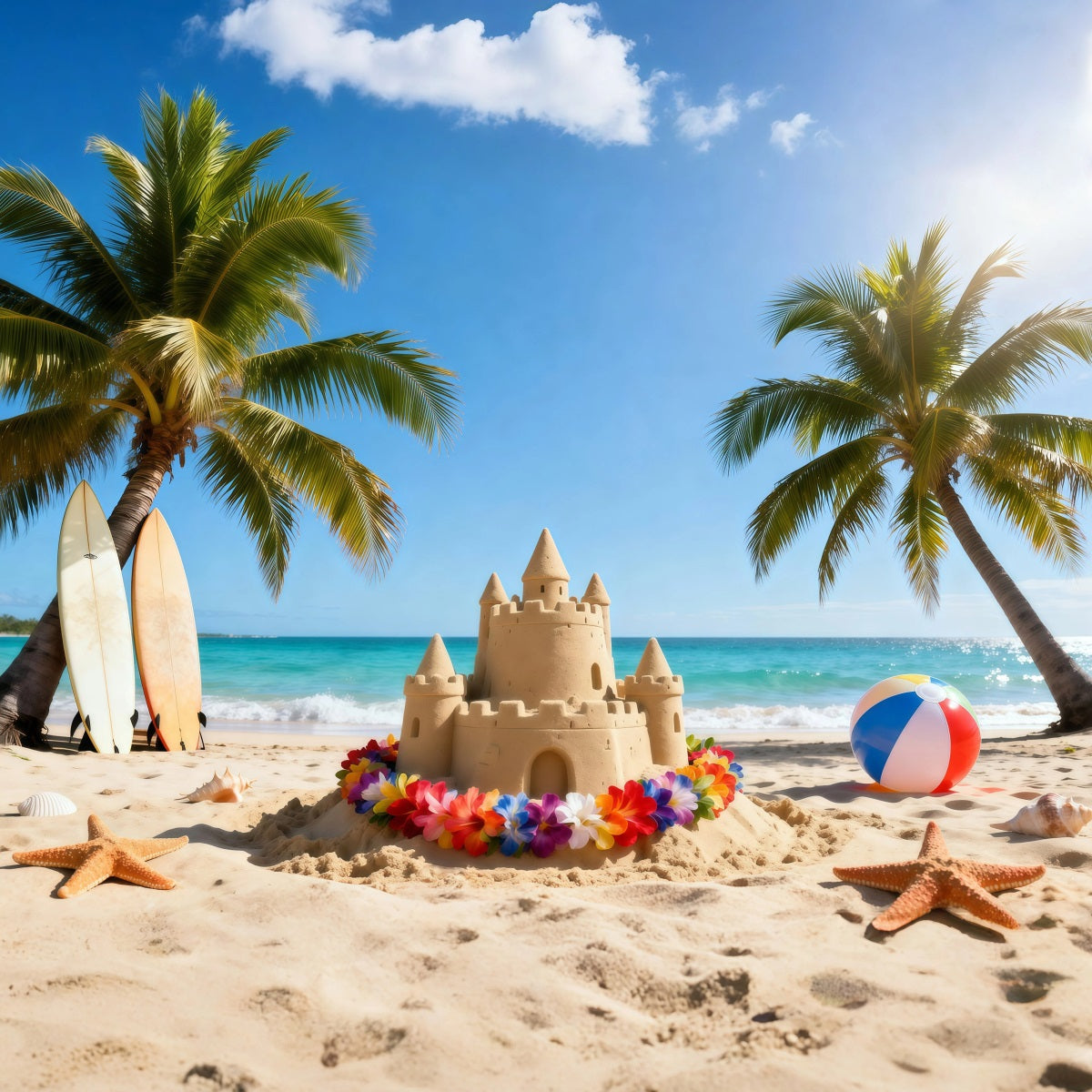 Beach Themed Backdrop Colorful Sandcastle Flowers Summer Vibes Backdrop RR61-12