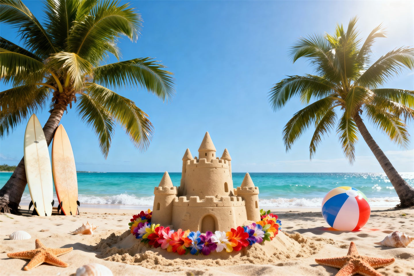 Beach Themed Backdrop Colorful Sandcastle Flowers Summer Vibes Backdrop RR61-12