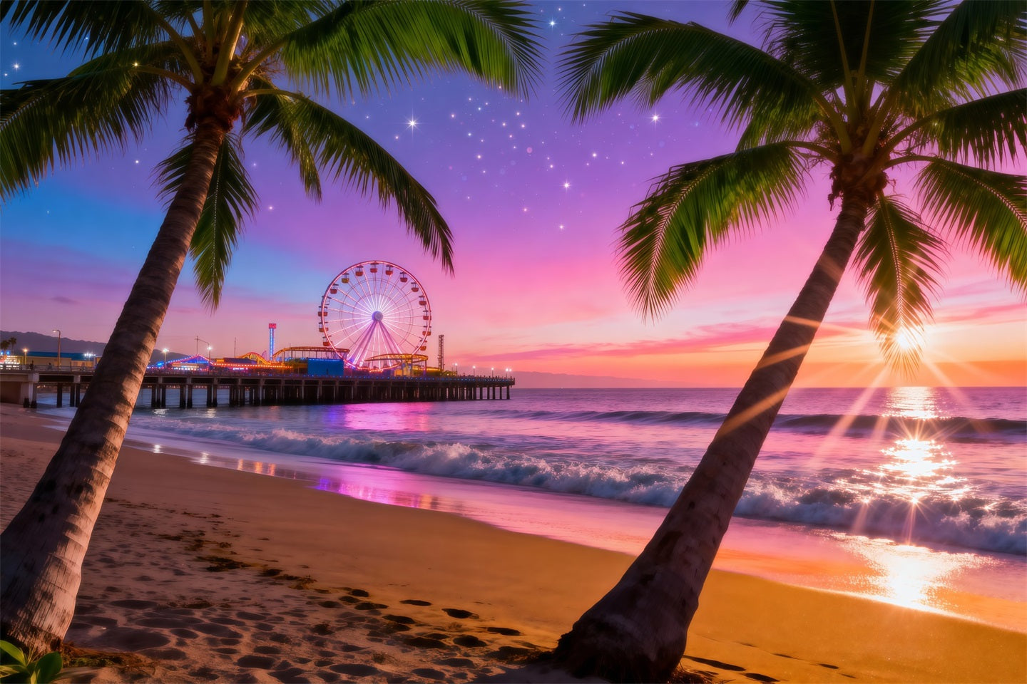 Beach Photo Backdrops Pier Sunset Ferris Wheel Backdrop For Summer RR61-14