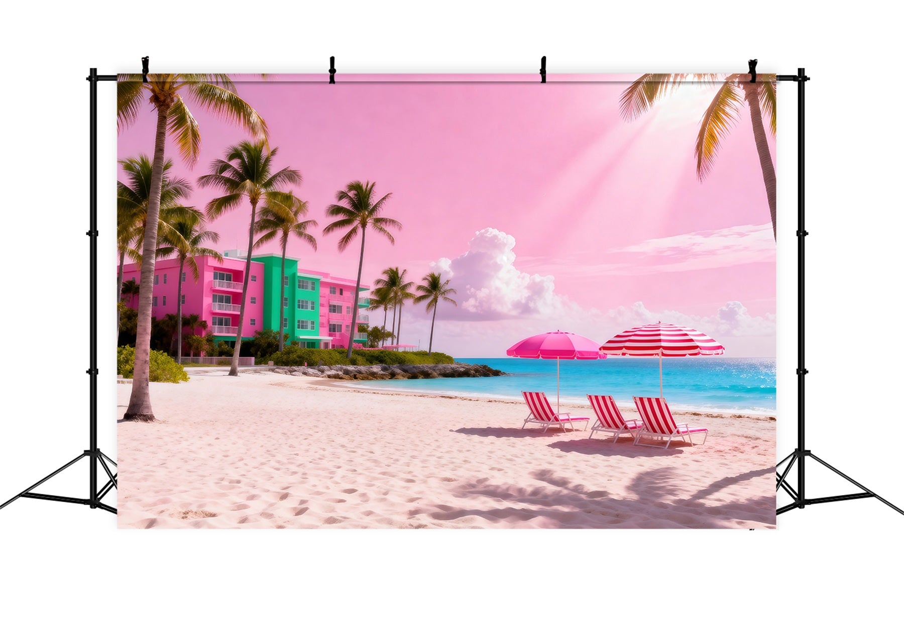 Beach Themed Photo Backdrop Pink Ocean Umbrella Retreat Summer Backdrop RR61-16