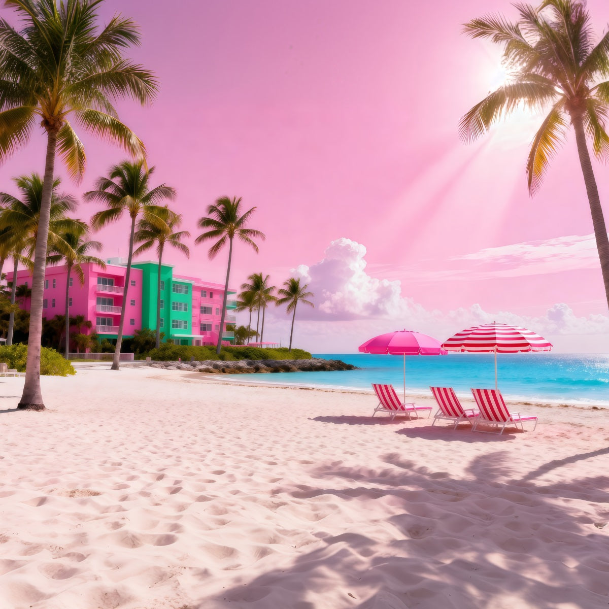 Beach Themed Photo Backdrop Pink Ocean Umbrella Retreat Summer Backdrop RR61-16