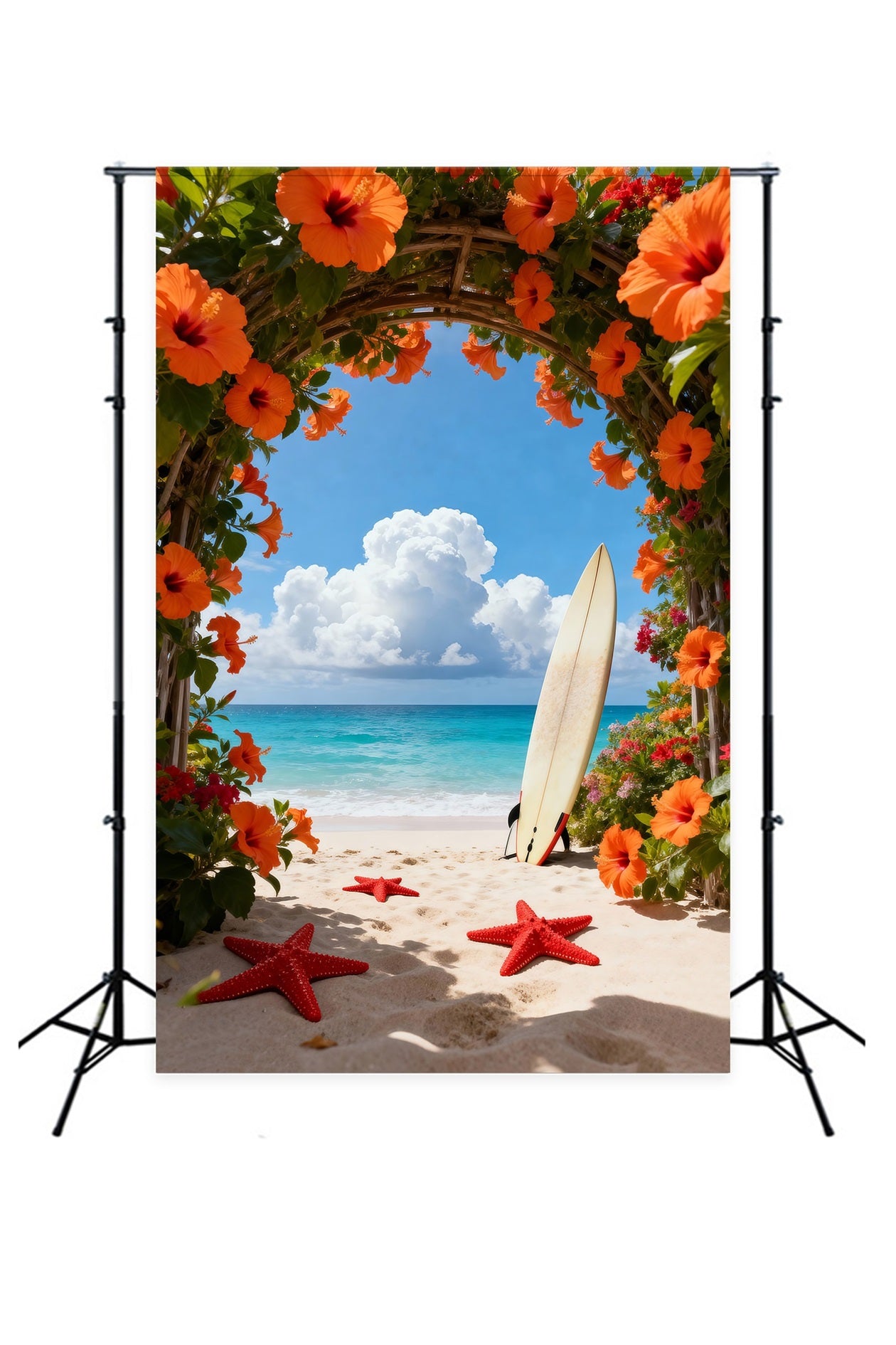 Tropical Beach Photo Backdrop Flower Arch Starfish Path Summer Backdrop RR61-17