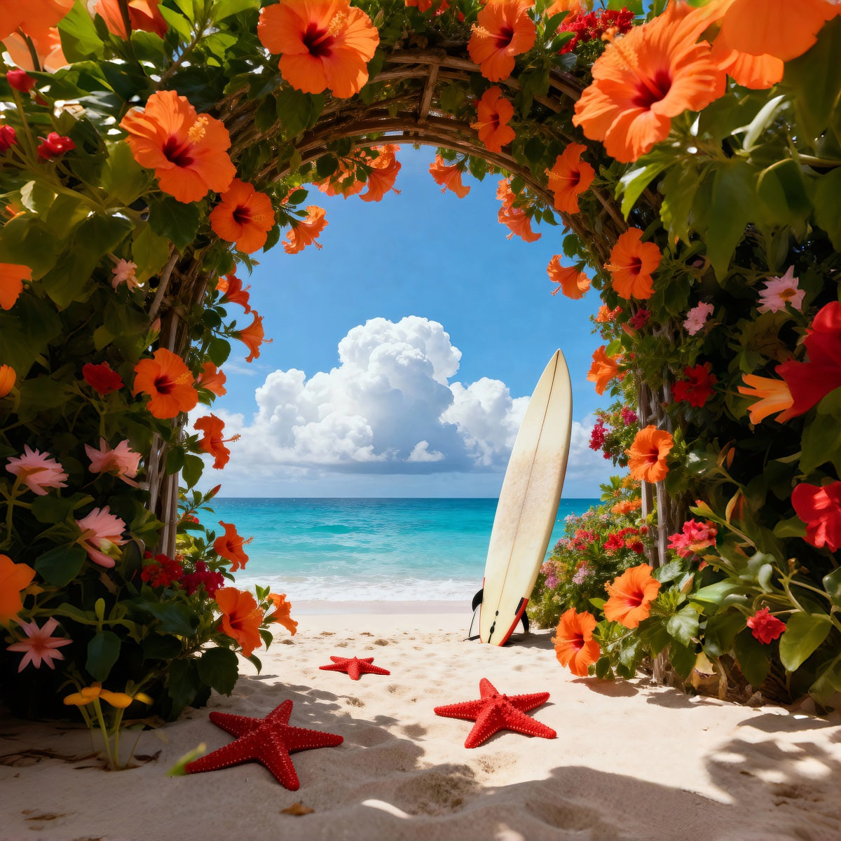 Tropical Beach Photo Backdrop Flower Arch Starfish Path Summer Backdrop RR61-17