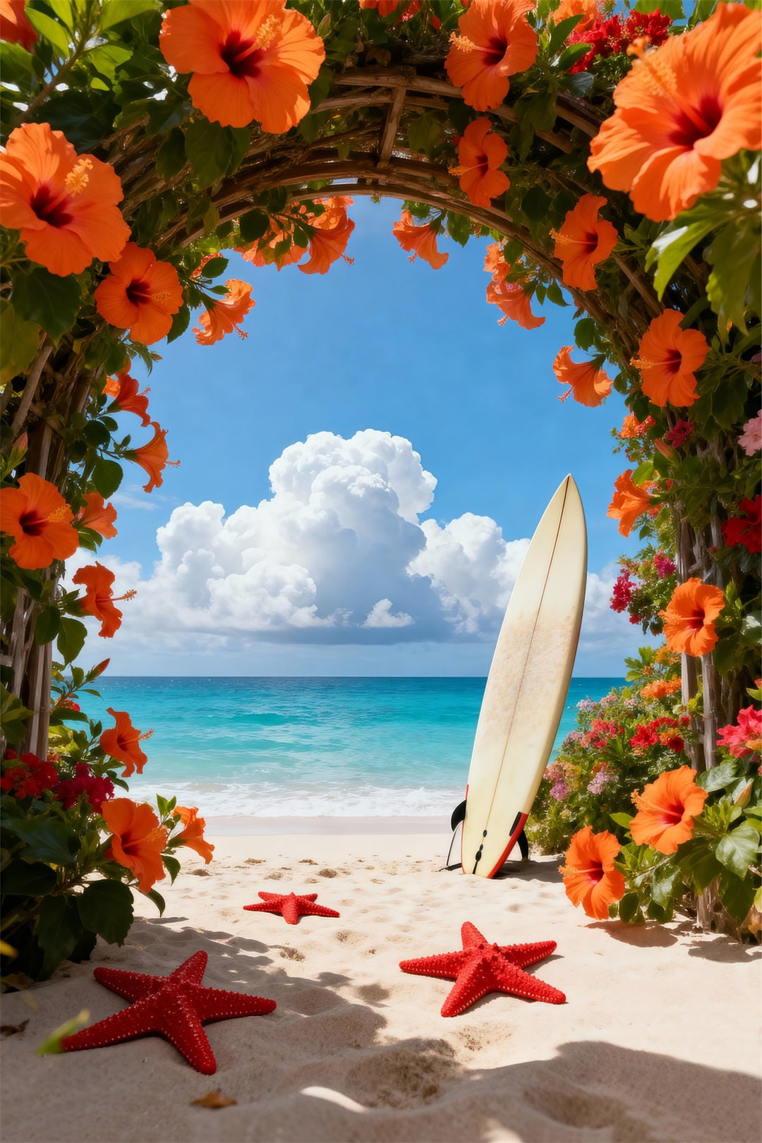 Tropical Beach Photo Backdrop Flower Arch Starfish Path Summer Backdrop RR61-17