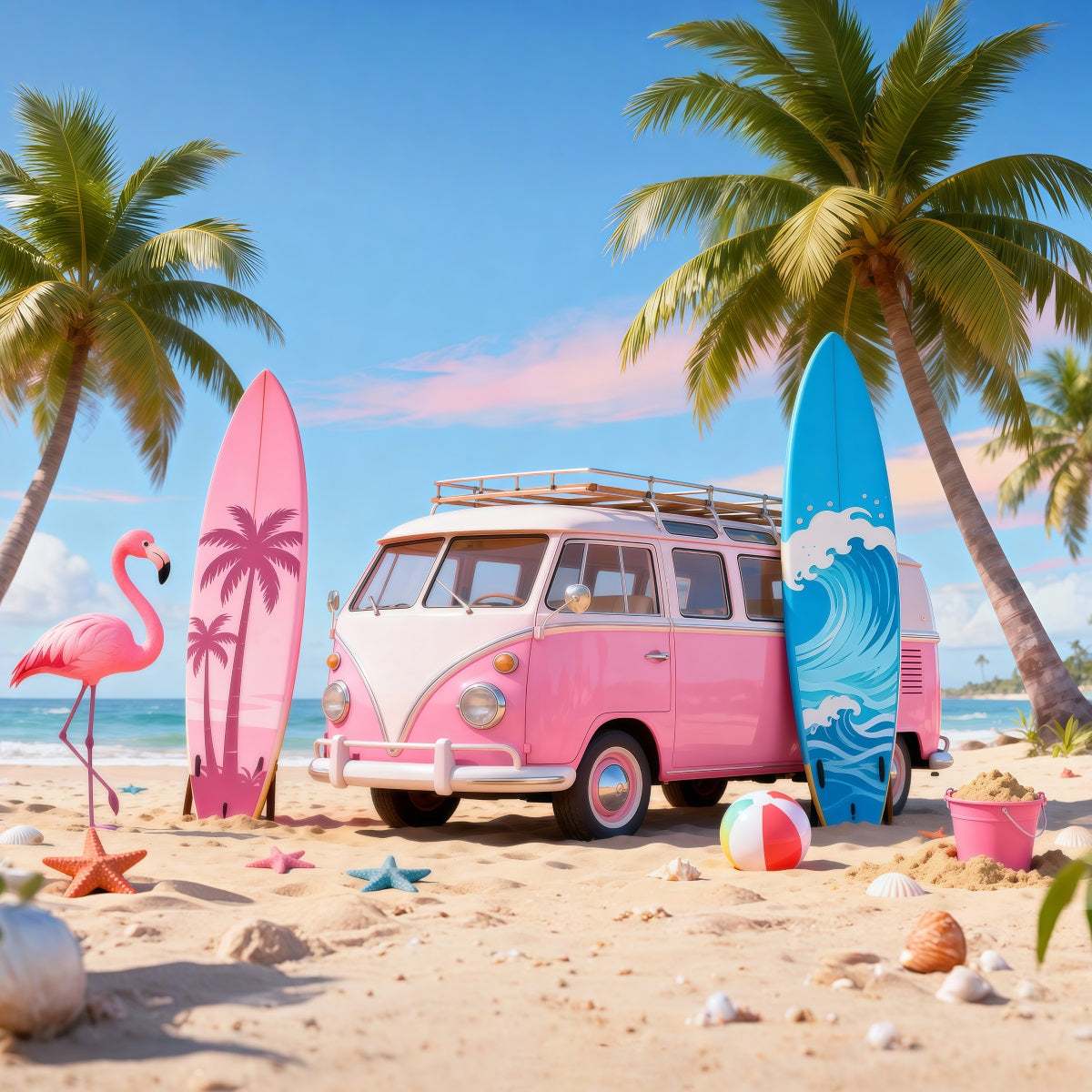 Beach Scene Backdrops Pink Van Flamingo Surfboard Summer Photo Backdrop RR61-19