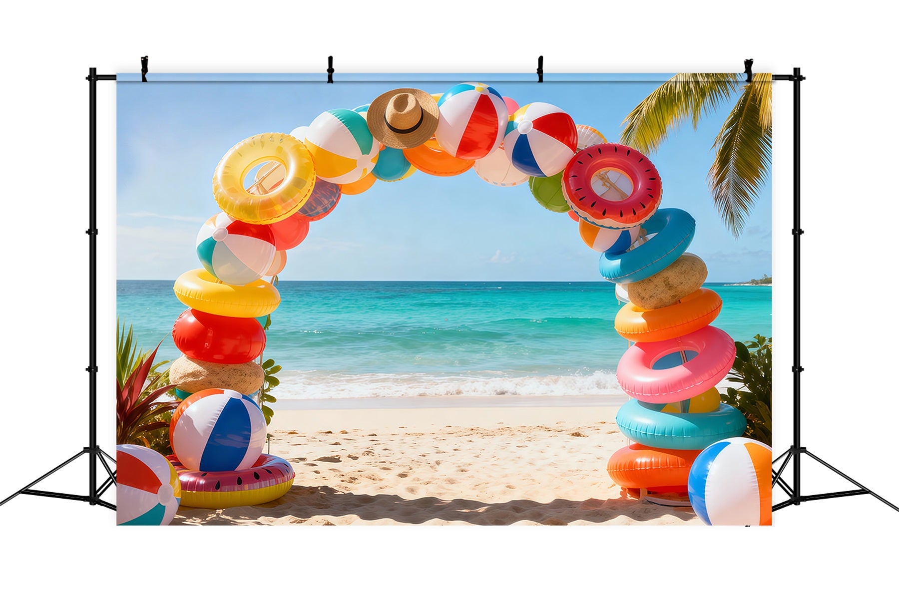 Beach Photo Backdrop Swimming Ring Ball Arch Fun Summer Backdrops RR61-2