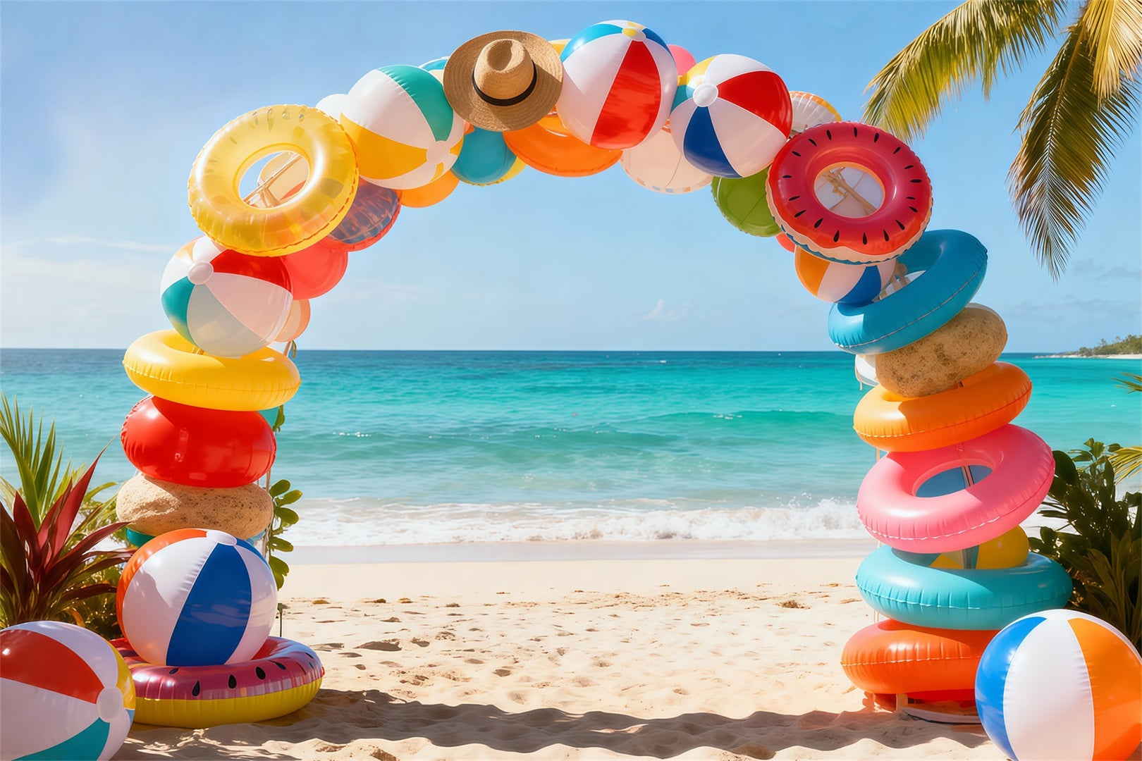 Beach Photo Backdrop Swimming Ring Ball Arch Fun Summer Backdrops RR61-2