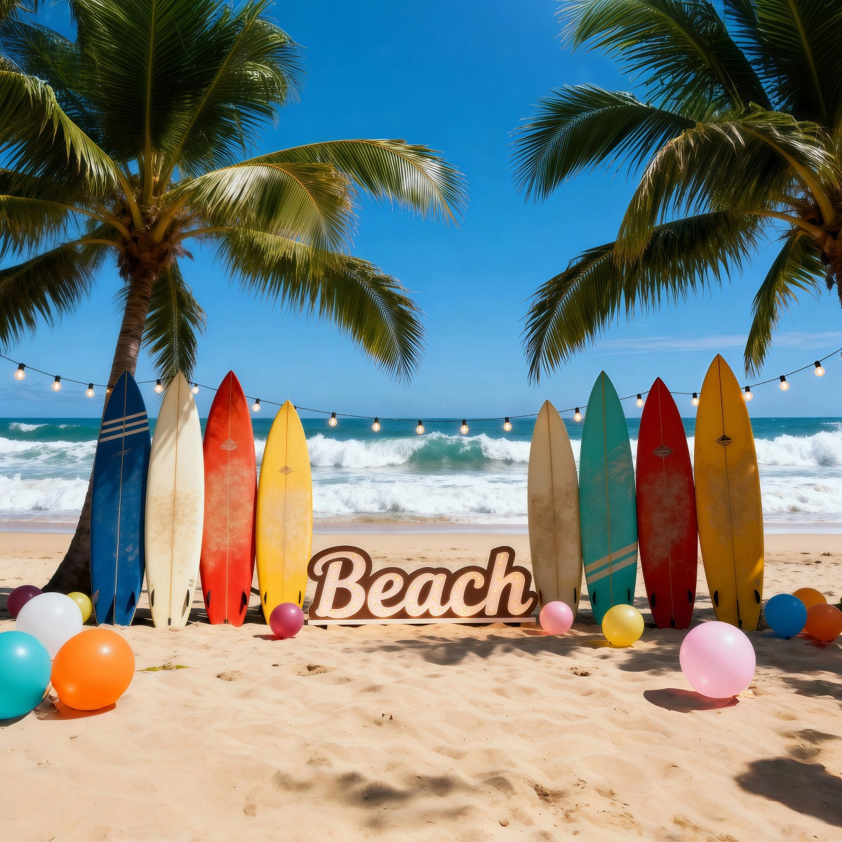Hawaii Beach Backdrop Colorful Surfboards Balloons Fun Summer Backdrop Ideas RR61-20
