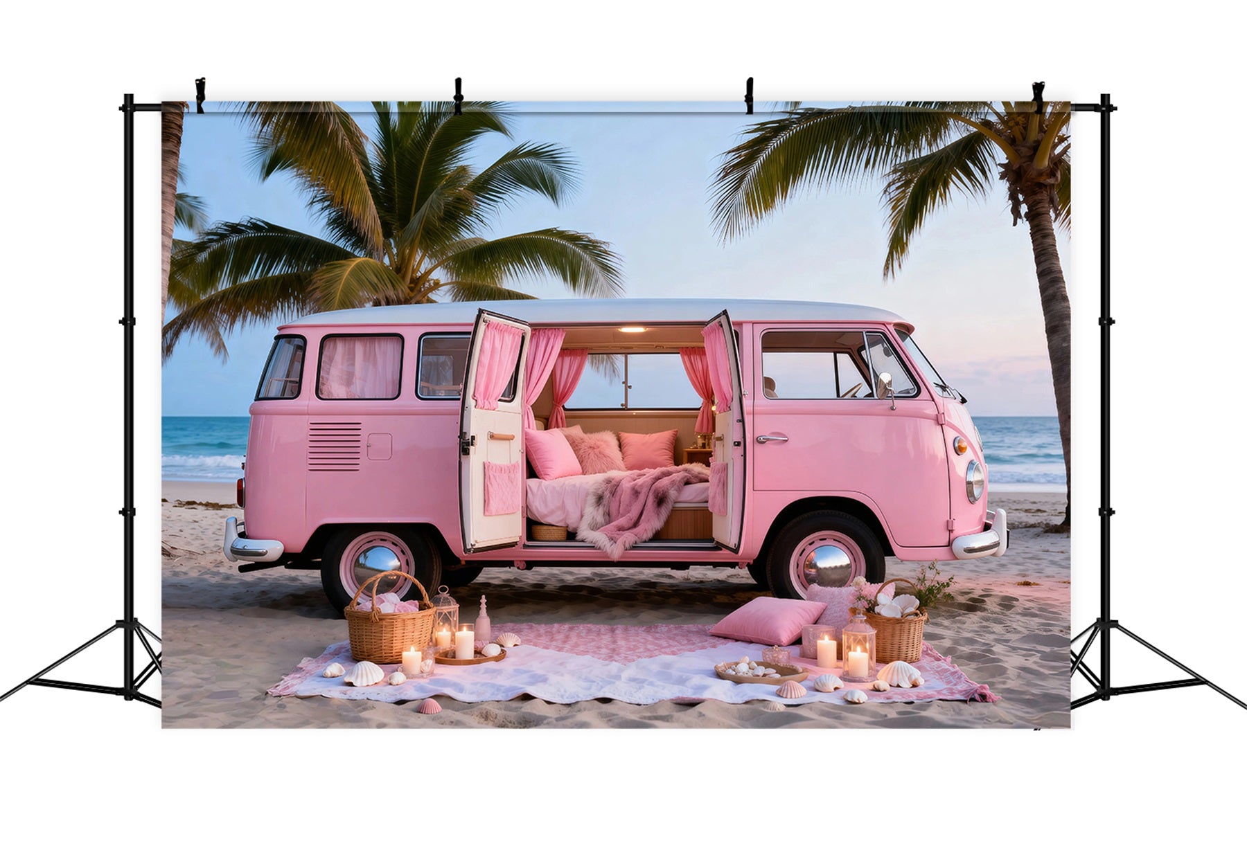 Beach Themed Backdrops Pink Camper Getaway Summer Photography Backdrop RR61-23