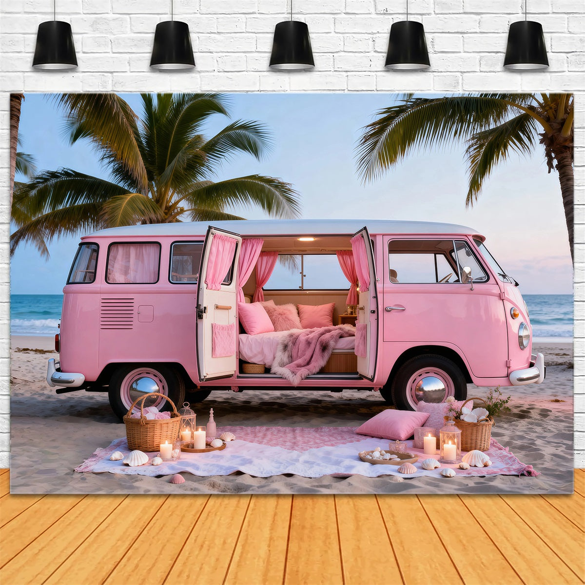 Beach Themed Backdrops Pink Camper Getaway Summer Photography Backdrop RR61-23