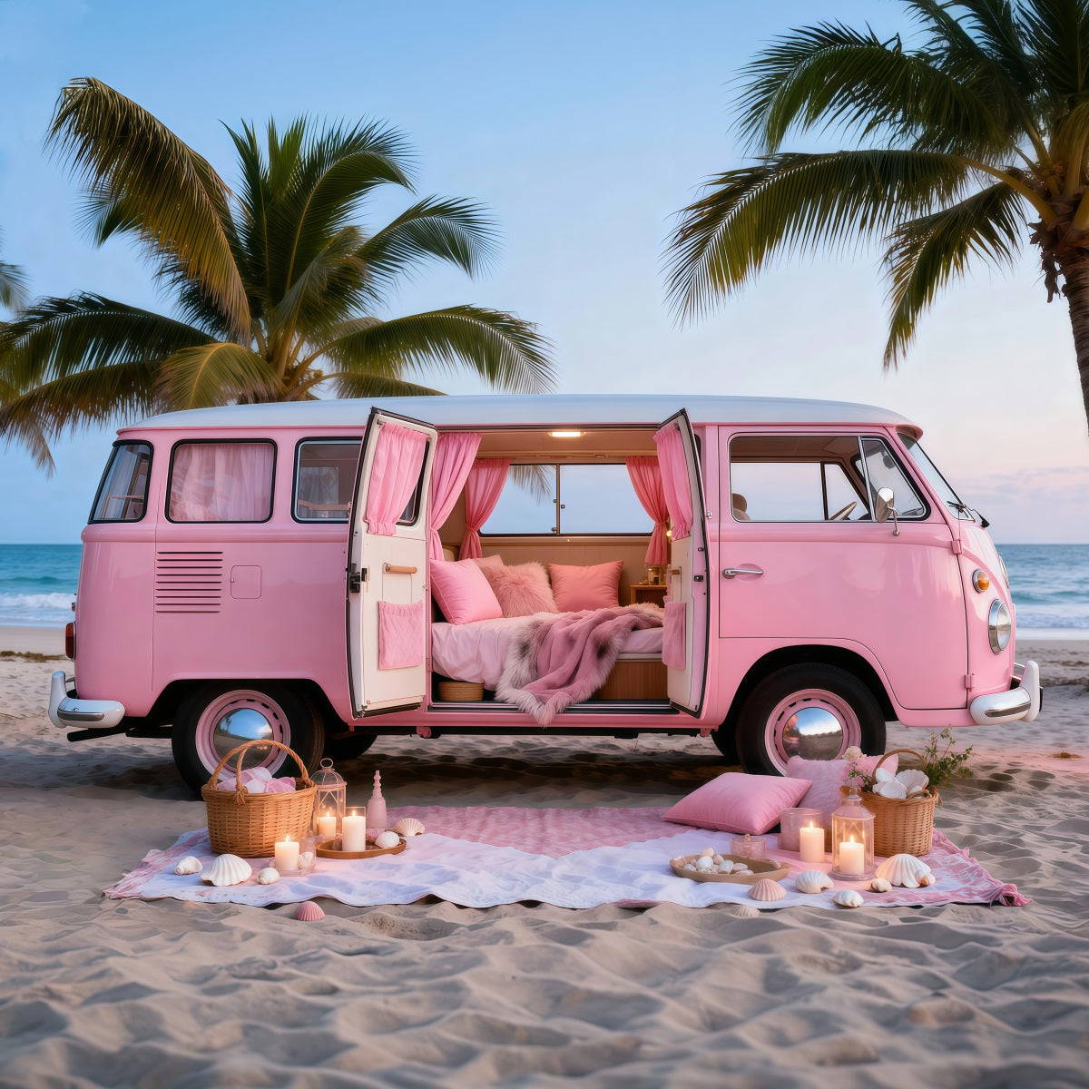 Beach Themed Backdrops Pink Camper Getaway Summer Photography Backdrop RR61-23