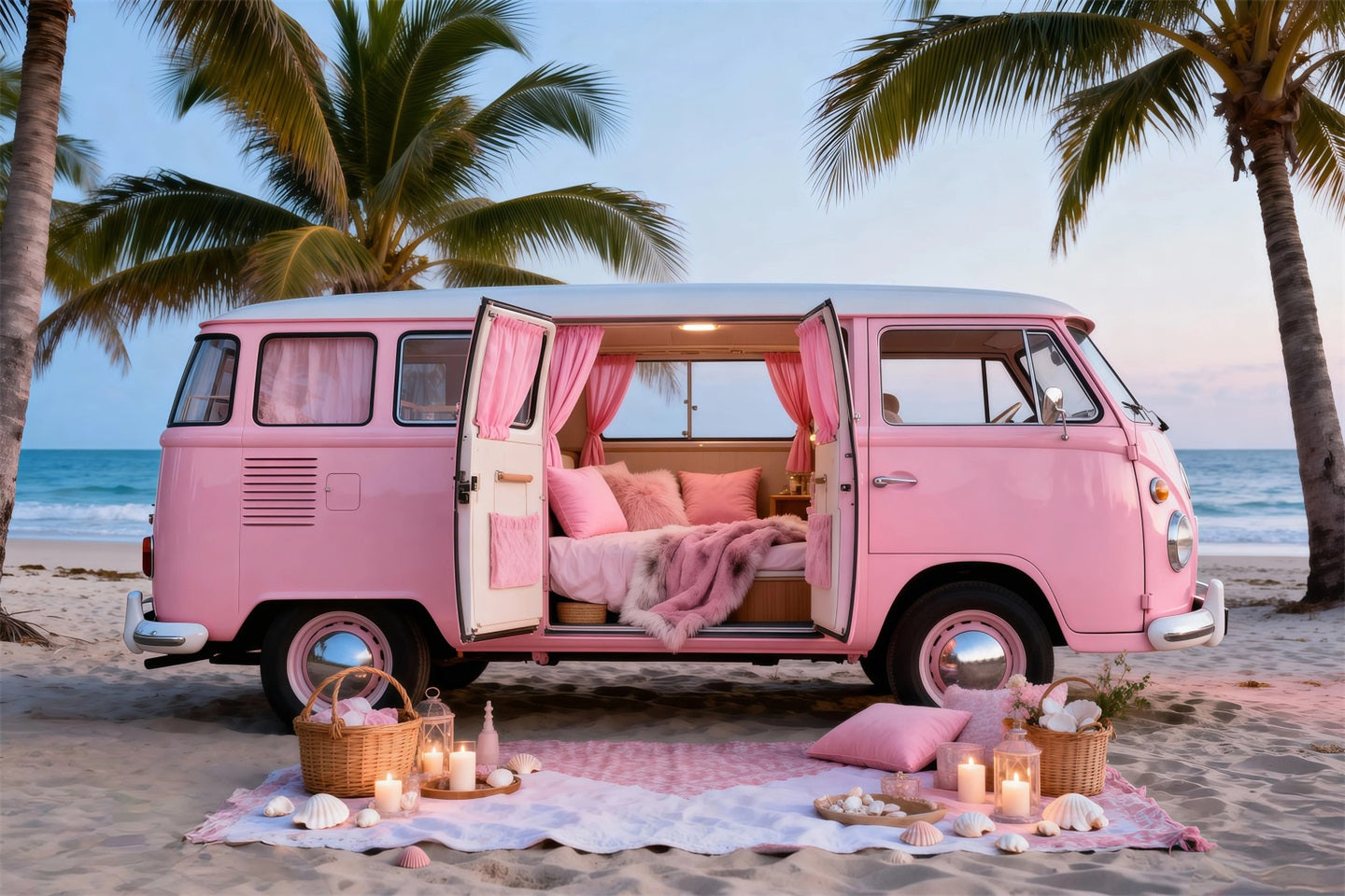 Beach Themed Backdrops Pink Camper Getaway Summer Photography Backdrop RR61-23