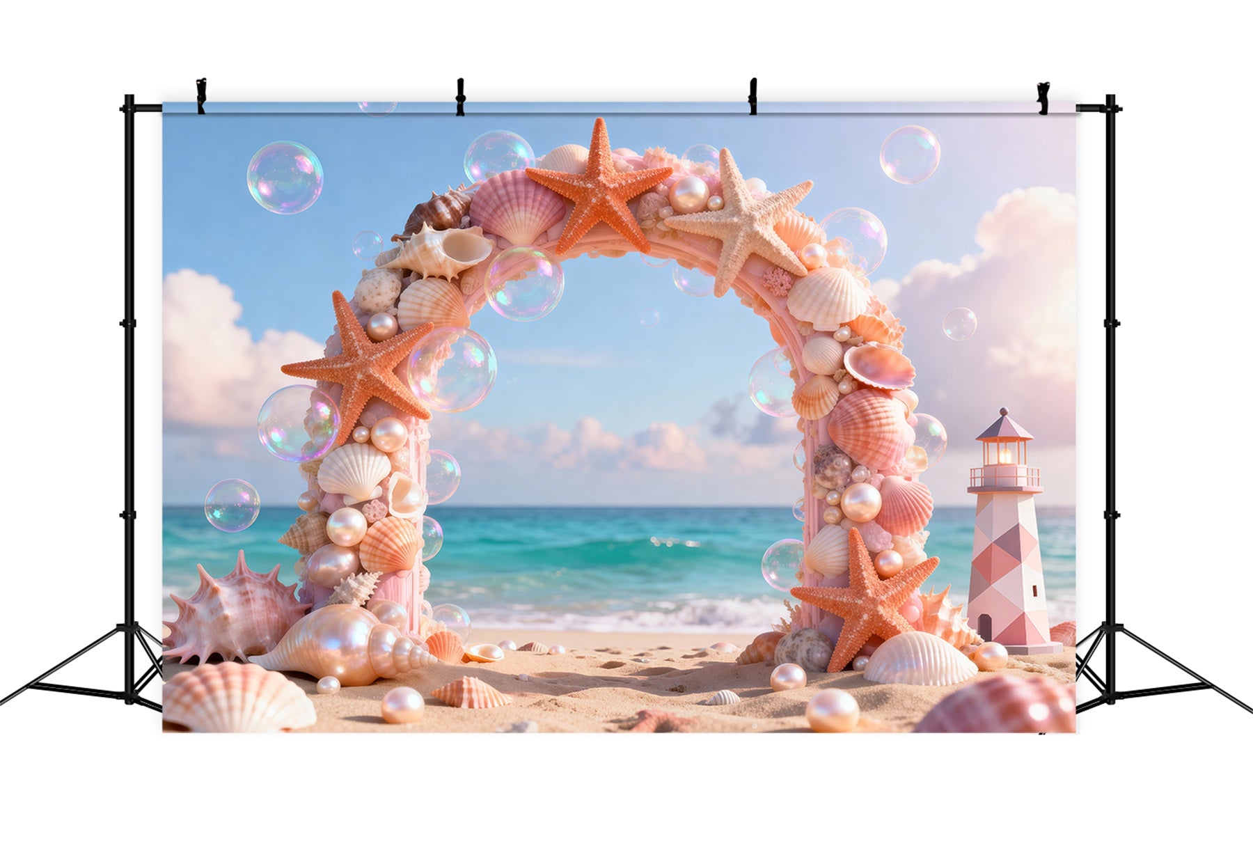 Beach Theme Backdrops Seashell Arch Lighthouse Summer Backdrops Photography RR61-25