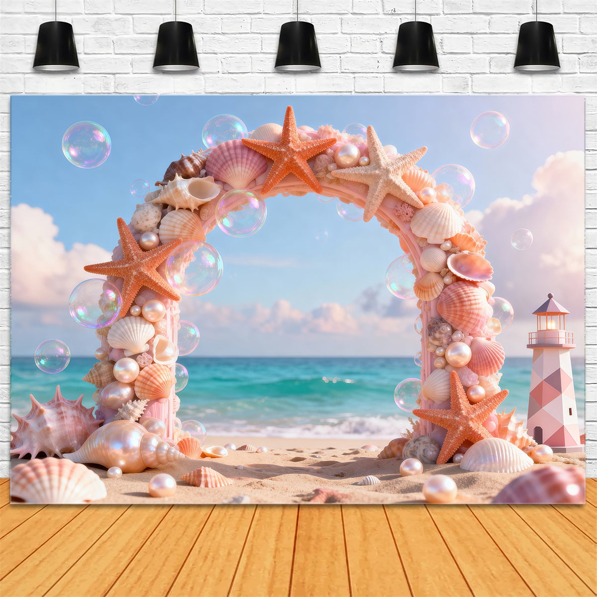 Beach Theme Backdrops Seashell Arch Lighthouse Summer Backdrops Photography RR61-25