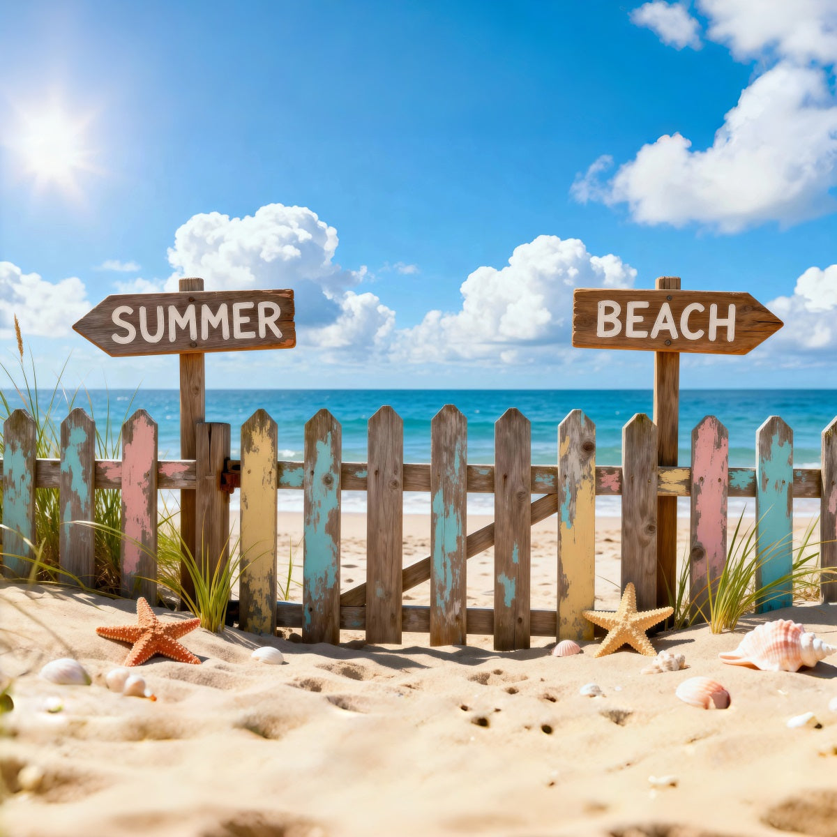 Beach Theme Backdrop Colorful Beach Signposts Summer Photography Backdrop RR61-27