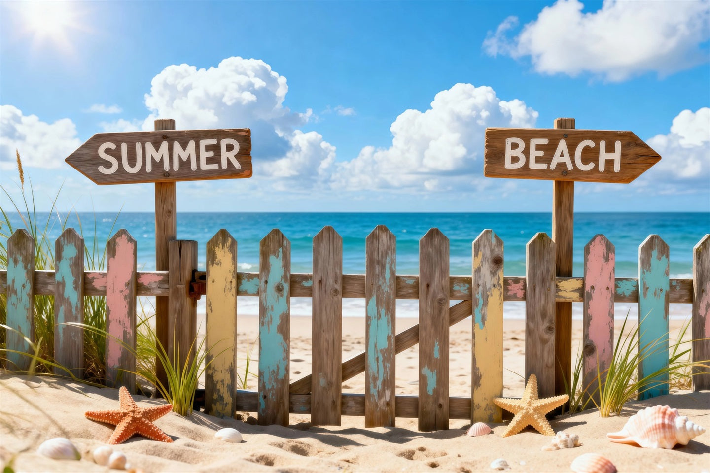 Beach Theme Backdrop Colorful Beach Signposts Summer Photography Backdrop RR61-27