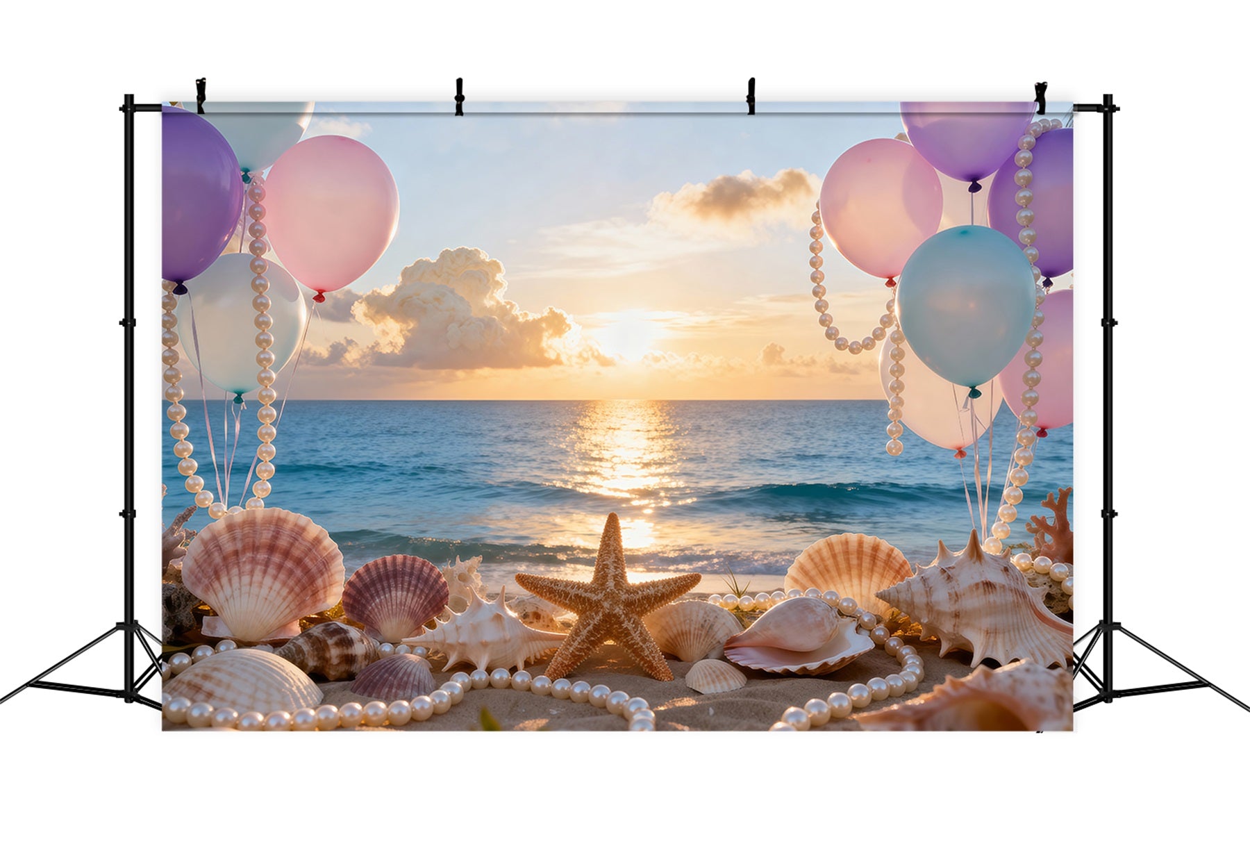 Beach Photo Backdrop Balloons Seashell Sunset View Summer Backdrops RR61-29