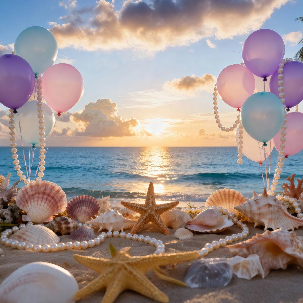 Beach Photo Backdrop Balloons Seashell Sunset View Summer Backdrops RR61-29
