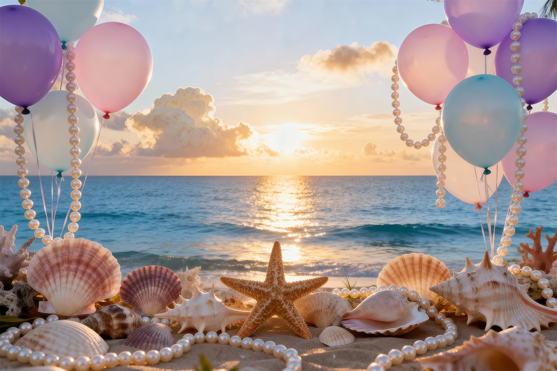Beach Photo Backdrop Balloons Seashell Sunset View Summer Backdrops RR61-29