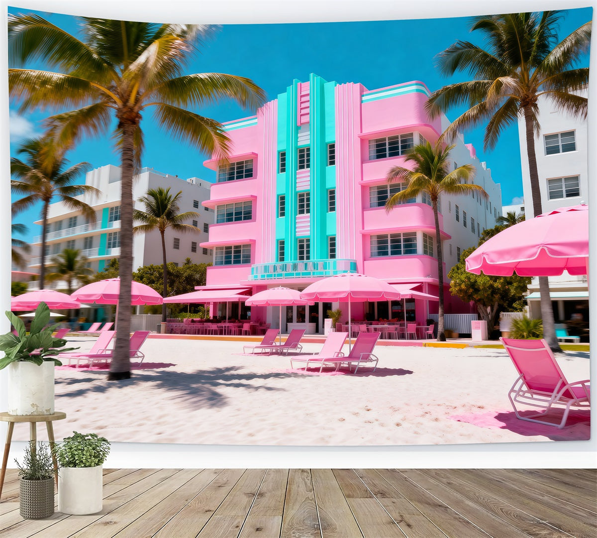 Beach Backdrops Pink Hotel Umbrella Retreat Summer Photo Backdrop RR61-3