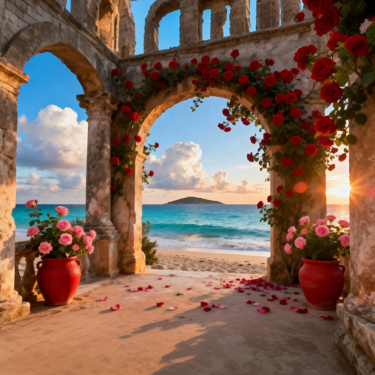 Beach Backdrops Romantic Rose Arch Ocean Summer Photo Backdrop RR61-30