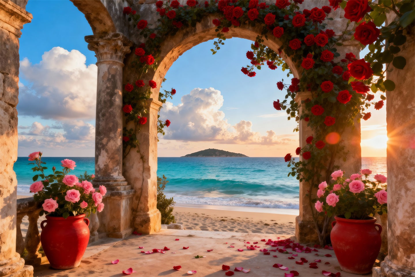Beach Backdrops Romantic Rose Arch Ocean Summer Photo Backdrop RR61-30