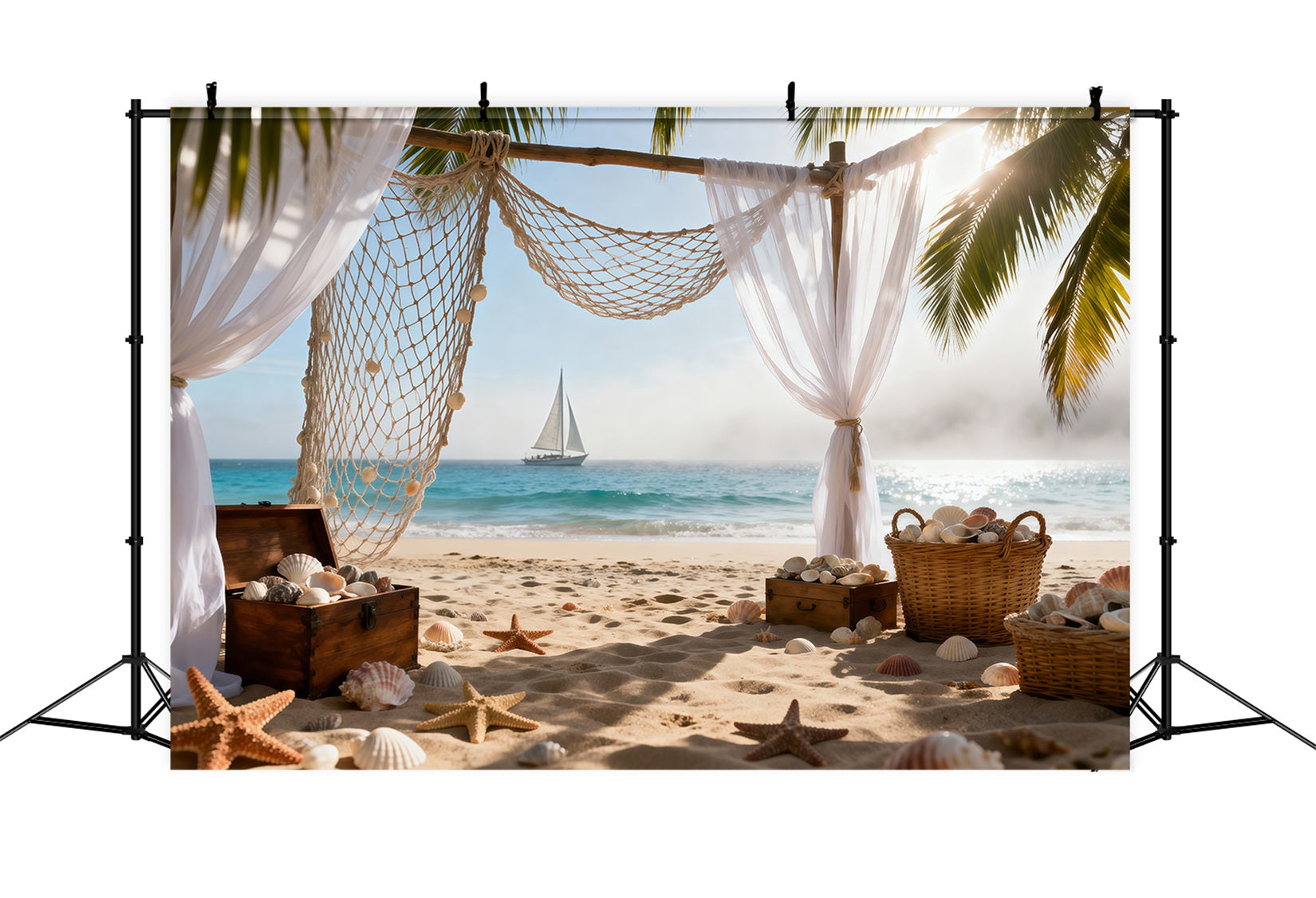 Sandy Beach Backdrop Bohemia Sailboat Vibes Starfish Summer Photo Backdrops RR61-32