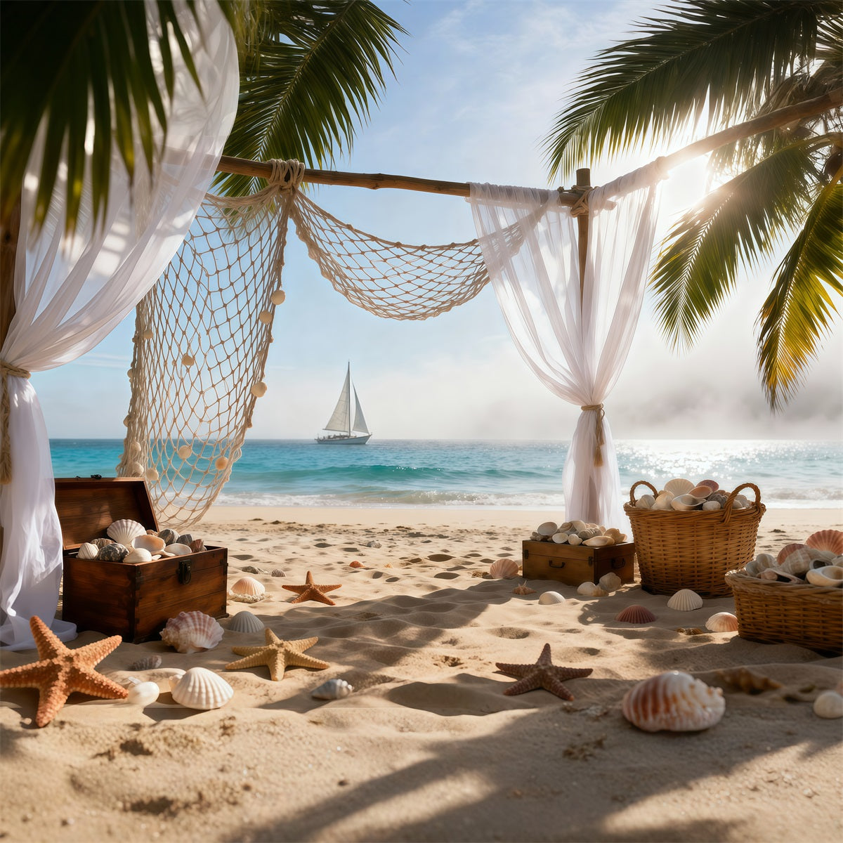 Sandy Beach Backdrop Bohemia Sailboat Vibes Starfish Summer Photo Backdrops RR61-32